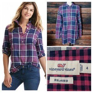 Vineyard Vines Popover Tunic Top Size 4 Cotton Linen Blend Roll Tab Cuffs Plaid